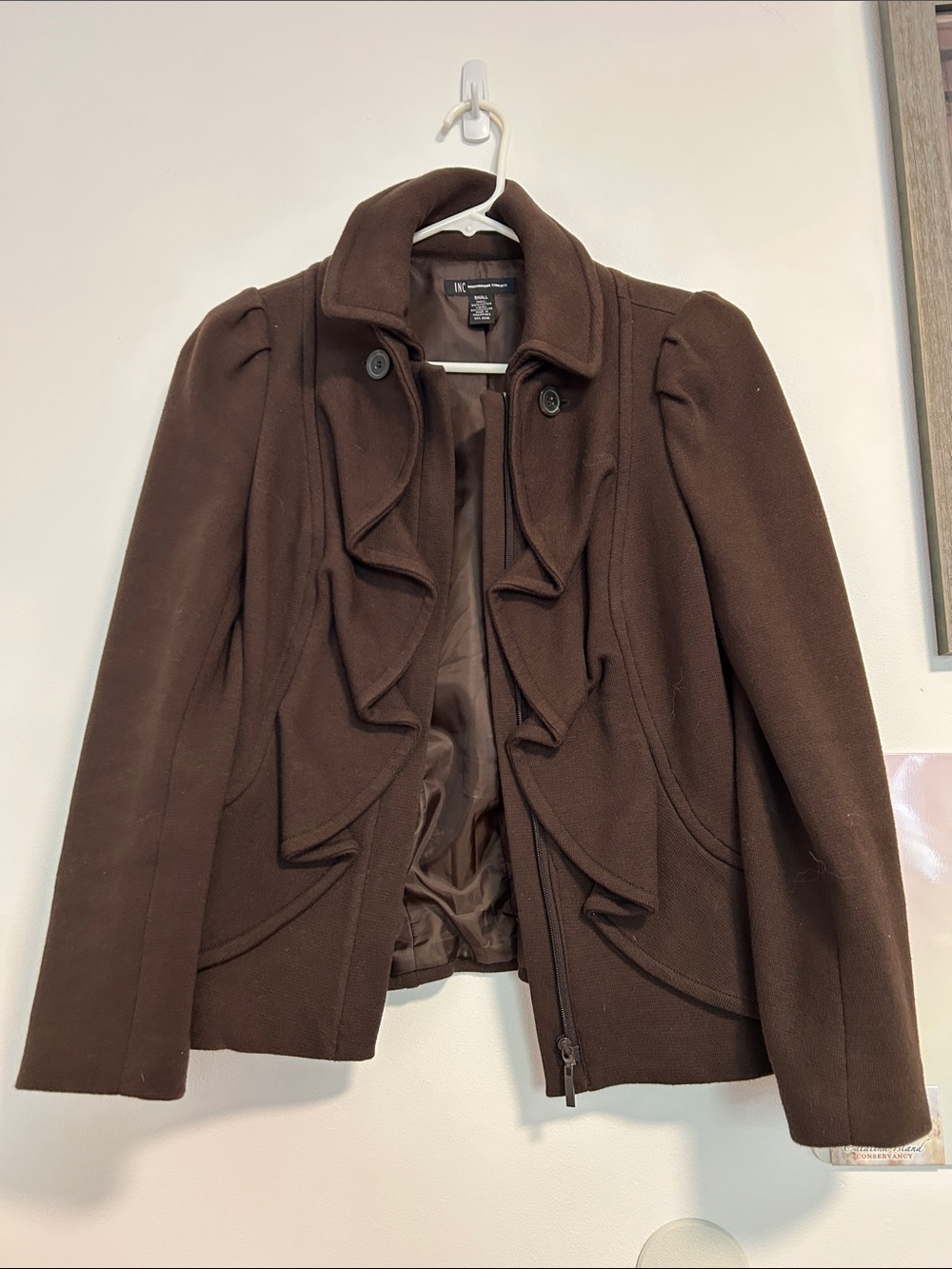 INC International Concepts Brown Ruffle-Front Pea Coat